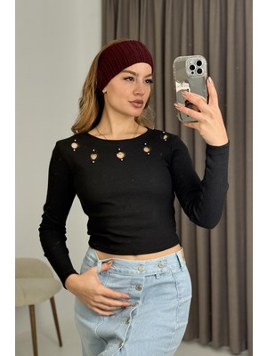 Juuuj Siyah Kaşkorse Kumaş Uzun Kollu Dar Kesim Mini Dekolteli Crop Bluz