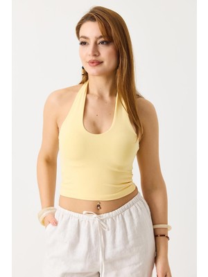 Juuuj Sarı Esnek Dokulu Boyundan Askılı U Yaka Dar Kesim Kolsuz Sırt Dekolteli Crop Bluz