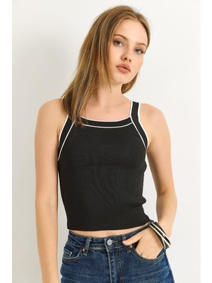 Juuuj Siyah Triko Kumaş Halter Yaka Kolsuz Dar Kesim Kontrast Şerit Detaylı Örme Bluz
