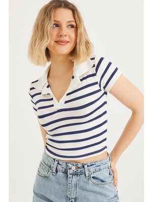 Juuuj Lacivert Pamuklu Esnek Kumaş Polo Yaka Kısa Kollu Çizgili Detaylı Dar Kesim Crop Bluz