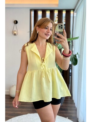 Juuuj Sarı Müslin Kumaş V Yaka Sıfır Kol Geniş Kesim Önü Bağcık Detaylı Rahat Form Bluz