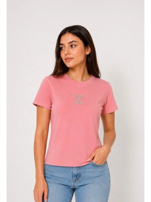 Juuuj Pembe Esnek Dokulu Bisiklet Yaka Kısa Kollu Standart Form Günlük Kullanım Crop Bluz