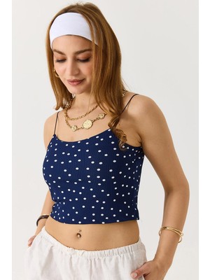 Juuuj Lacivert Fitilli Esnek Dokulu Ince Askılı Crop Form Puantiyeli Desenli Örme Bluz