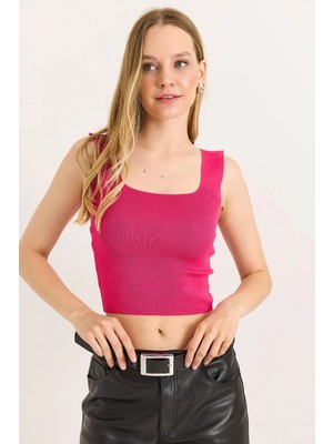 Juuuj Fuşya Triko Kumaş Kare Yaka Kolsuz Dar Kesim Fitilli Dokulu Örme Crop Bluz