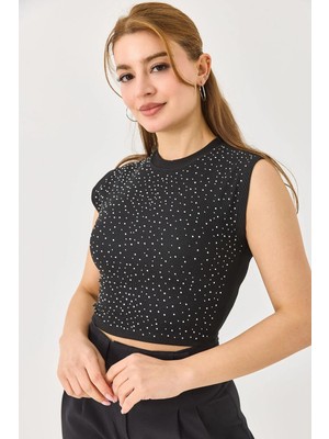 Juuuj Siyah Fitilli Kumaş Bisiklet Yaka Kolsuz Crop Form Gümüş Taş Işlemeli Detaylı Örme Bluz