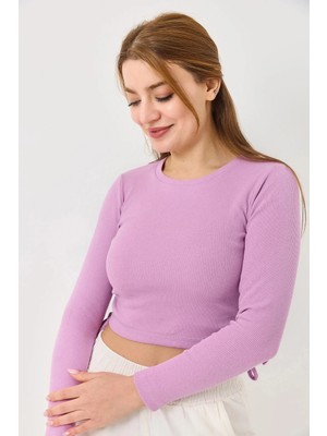 Juuuj Lila Fitilli Esnek Kumaş Bisiklet Yaka Uzun Kollu Crop Form Yanlardan Ip Büzgülü Bluz
