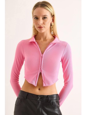 Juuuj Pembe Fitilli Kaşkorse Polo Yaka Uzun Kollu Fermuar Detaylı Dar Kesim Crop Bluz
