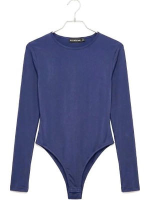 Juuuj Indigo Esnek Dokulu Bisiklet Yaka Uzun Kollu Alttan Çıtçıtlı Zıbın Form Body Bluz