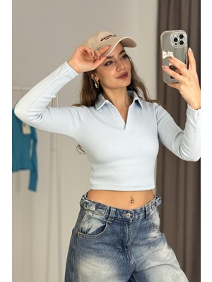 Juuuj Turkuaz Fitilli Dokulu Polo Yaka Uzun Kollu Dar Kesim Günlük Kullanıma Uygun Crop Bluz