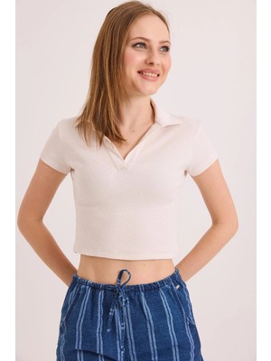 Juuuj Ekru Örme Kaşkorse Kumaş Polo Yaka Kısa Kollu Basic Dar Kesim Fitilli Crop Bluz