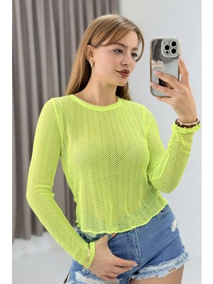 Juuuj Neon Yeşil File Kumaş Bisiklet Yaka Uzun Kollu Standart Kalıp Polyester Örme Bluz