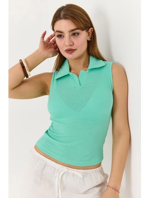 Juuuj Su Yeşili Kaşkorse Örme Kumaş Polo Yaka Sıfır Kol Basic Dar Kesim Fitilli Bluz