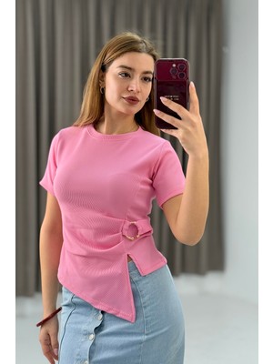 Juuuj Pembe Kakorse Kumaş Bisiklet Yaka Kısa Kollu Yan Tokalı Asimetrik Kesim Bluz