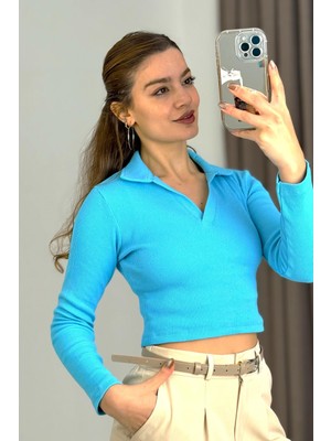 Juuuj Mavi Fitilli Esnek Dokulu Polo Yaka Uzun Kollu Dar Kesim Crop Örme Bluz