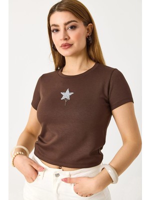 Juuuj Kahverengi Esnek Örme Kumaş Bisiklet Yaka Kısa Kollu Crop Form Yıldız Taş Detaylı Bluz