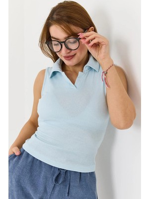 Juuuj Bebe Mavisi Örme Kaşkorse Kumaş Polo Yaka Sıfır Kol Basic Fitilli Form Bluz