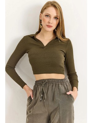 Juuuj Haki Fitilli Esnek Dokulu Polo Yaka Uzun Kollu Dar Kesim Modern Tasarım Crop Bluz