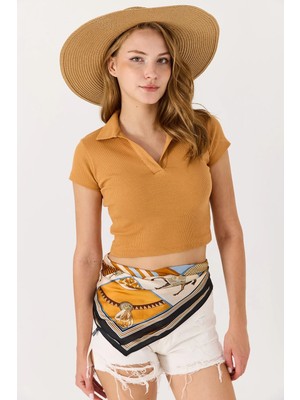 Juuuj Camel Kaşkorse Örme Kumaş Polo Yaka Kısa Kollu Basic Fitilli Form Crop Bluz