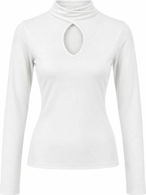 Juuuj Beyaz Polyester Kumaş Balıkçı Yaka Uzun Kollu Göğüs Dekolteli Dar Form Bluz