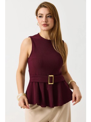 Juuuj Bordo Esnek Kaşkorse Kumaş Bisiklet Yaka Kolsuz Form Toka Detaylı Peplum Bluz