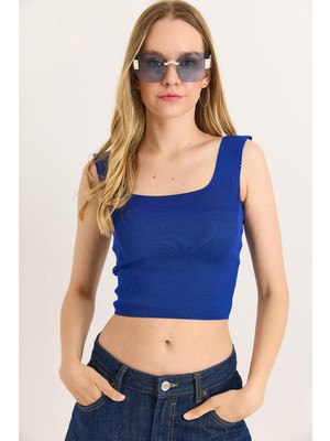 Juuuj Saks Mavi Triko Kumaş Kare Yaka Kolsuz Crop Kesim Örme Dokulu Fitilli Görünüm Bluz
