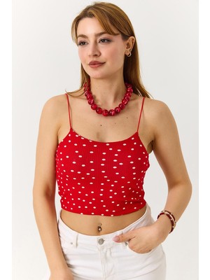 Juuuj Kırmızı Esnek Dokulu Ince Askılı Crop Form Puantiyeli Desenli Günlük Örme Bluz