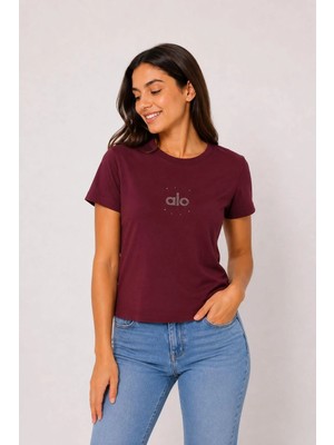 Juuuj Bordo Bisiklet Yaka Kısa Kollu Örme Kumaş Baskı Detaylı Modern Kesim Crop Bluz