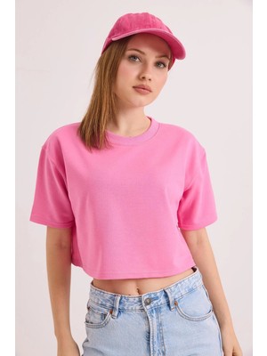 Juuuj Pembe Pamuklu Iki Iplik Kumaş Bisiklet Yaka Kısa Kollu Rahat Kesim Crop Bluz