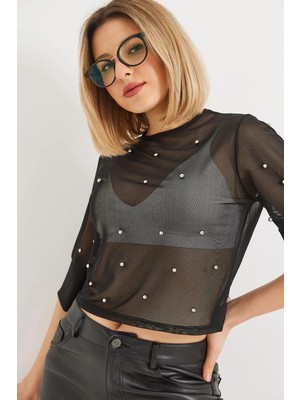 Juuuj Siyah Polyester Yarım Kol Bisiklet Yaka Transparan Tül Detaylı Standart Form Bluz