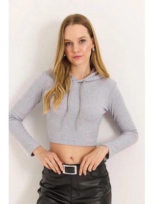 Juuuj Gri Kaşkorse Kumaş Kapüşonlu Uzun Kollu Dar Kesim Bağcık Detaylı Crop Bluz