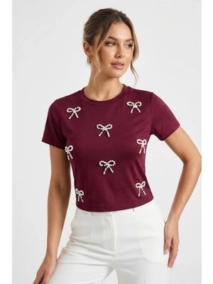 Juuuj Bordo Pamuklu Esnek Dokulu Bisiklet Yaka Kısa Kollu Crop Form Inci Fiyonk Detaylı Bluz