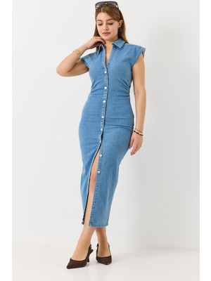 Juuuj Açık Mavi Likralı Esnek Kumaş Gömlek Yaka Dar Kesim Drape Detaylı Düğmeli Denim Elbise