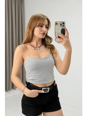 Juuuj Gri Esnek Dokulu Ince Ip Askılı Yuvarlak Yaka Dar Kesim Modern Günlük Crop Bluz