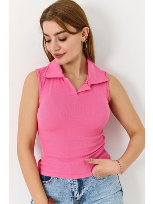 Juuuj Pembe Örme Kaşkorse Kumaş Polo Yaka Sıfır Kol Basic Dar Kesim Fitilli Dokulu Bluz