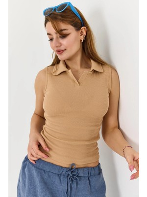 Juuuj Vizon Kaşkorse Örme Kumaş Polo Yaka Sıfır Kol Basic Fitilli Esnek Dokulu Örme Bluz