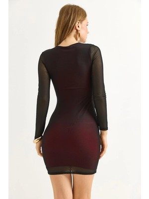 Juuuj Bordo Siyah Polyester Kumaş Bisiklet Yaka Uzun Kollu Dar Kesim Tül Drape Detaylı Astarlı Elbise
