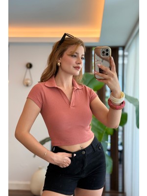 Juuuj Kiremit Örme Kaşkorse Kumaş Polo Yaka Kısa Kollu Basic Fitilli Crop Bluz