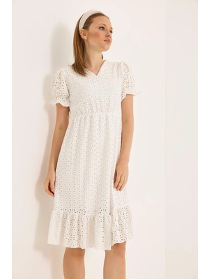 Juuuj Ekru Full Güpürlü V Yaka Karpuz Kollu Içi Astarlı Polyester Dokuma Elbise