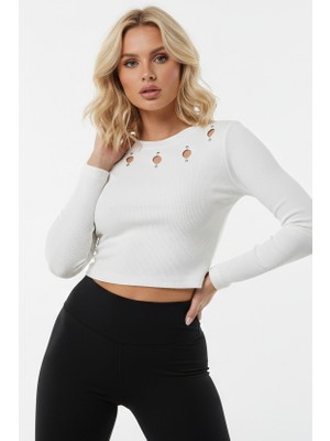 Juuuj Ekru Kaşkorse Kumaş Uzun Kollu Bisiklet Yaka Mini Dekolteli Fit Kesim Crop Bluz
