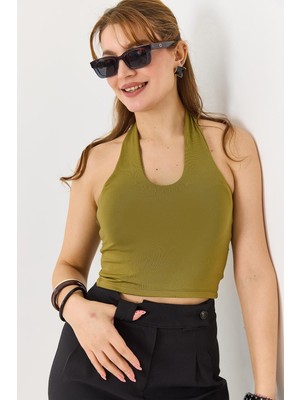 Juuuj Yeşil Esnek Kumaş Boyundan Askılı U Yaka Dar Kesim Kolsuz Modern Tasarım Crop Bluz