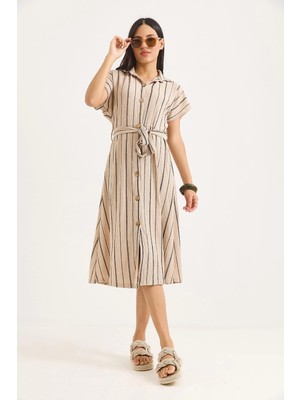 Juuuj Vizon Polyester Kumaş Gömlek Yaka Kısa Kollu Çizgili Taş Kuşaklı Mini Gömlek Elbise