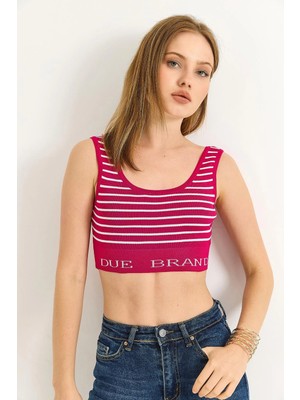 Juuuj Vişne Triko Kumaş Geniş Yaka Crop Kesim Çizgi Desenli Kolsuz Örme Bluz