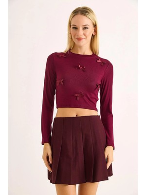 Juuuj Bordo Fitilli Esnek Dokulu Bisiklet Yaka Uzun Kollu Crop Form Kurdele Detaylı Örme Bluz