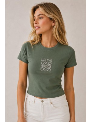 Juuuj Haki Penye Kumaş Bisiklet Yaka Kısa Kollu Crop Form Love Taş Baskılı Bluz