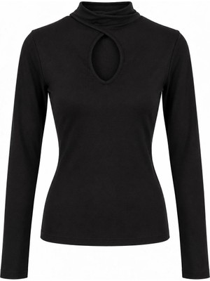 Juuuj Siyah Polyester Kumaş Balıkçı Yaka Uzun Kollu Dar Kesim Dekolte Detaylı Örme Bluz