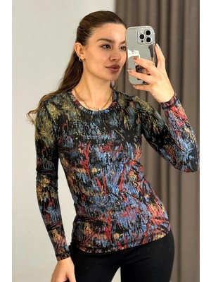 Juuuj Karışık Renk Esnek Kaşkorse Kumaş Bisiklet Yaka Uzun Kollu Fitilli Desenli Örme Bluz