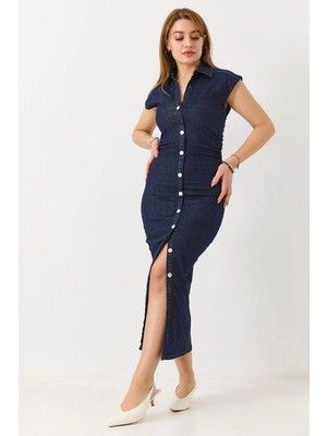 Juuuj Lacivert Likralı Denim Kumaş Gömlek Yaka Dar Kesim Drape Detaylı Önden Düğmeli Midi Boy Elbise