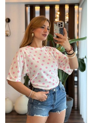 Juuuj Pembe Likralı Esnek Kumaş Bisiklet Yaka Kısa Kollu Puantiye Desenli Örme Bluz