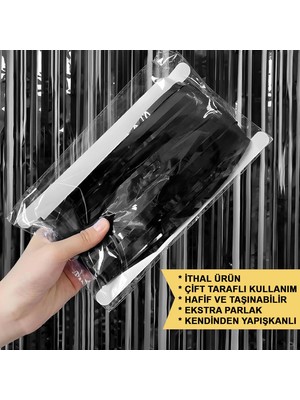 Uravas Store Siyah Renk Ekstra Metalize Parlak Saçaklı Arka Fon Perde Ithal A Kalite 1x2 Metre