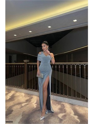 Lior Design Kadın Şık Model Tek Omuz Yırtmaçlı Abiye Elbise